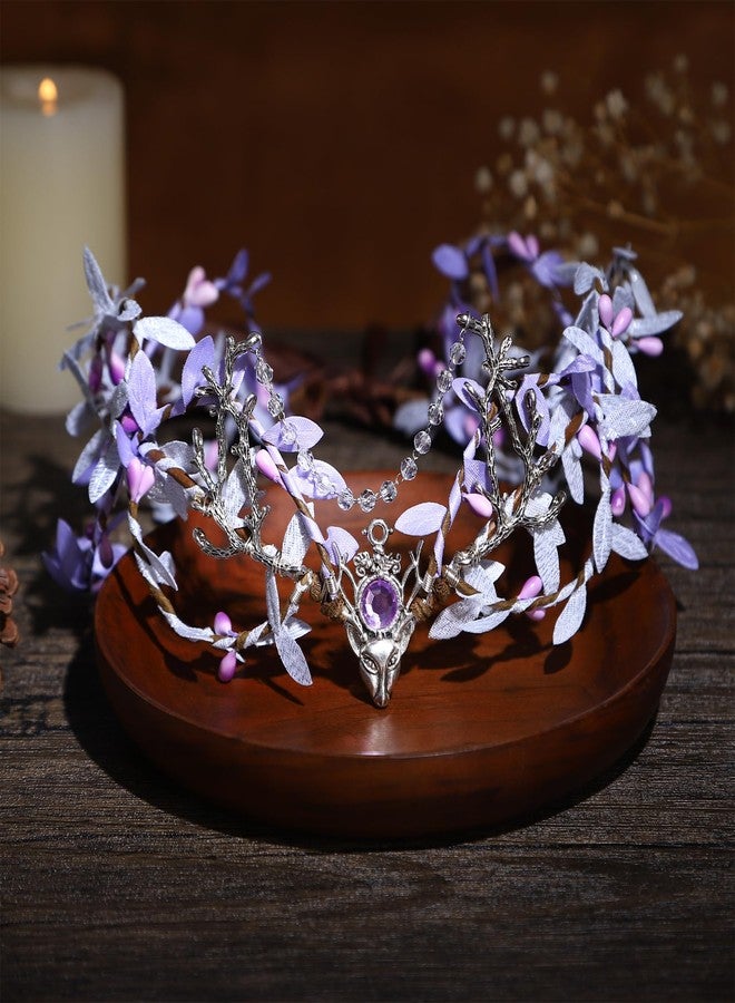 MOSTORY Handmade Purple Woodland Fairy Headpiece - Elf Crown Forest Antler Circlet Silver Branch Wreath with Rhinestone for Princess Party Renaissance Faire Halloween Prom Cosplay - Image 5
